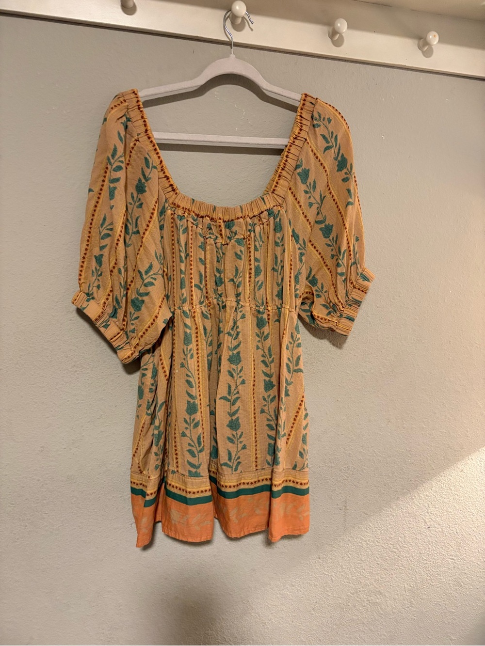 Free People Mustard Top with green Leaf Motif Santorini top XL